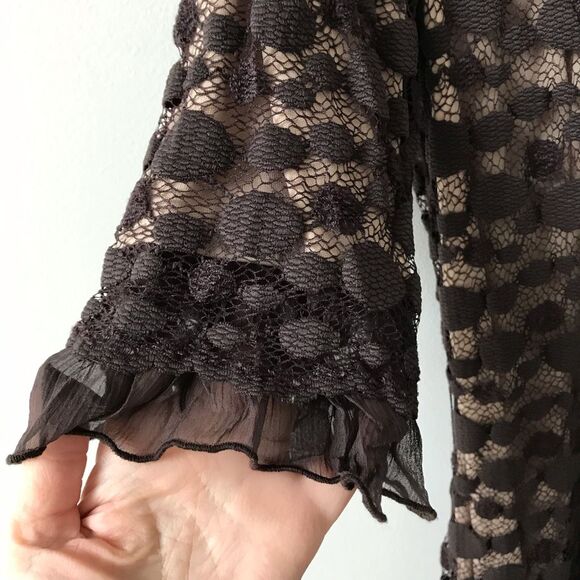 Sara Campbell Womens Shift Midi Dress Brown Geometric Lace 3/4 Sleeve Ruffle 12 - Picture 3 of 9